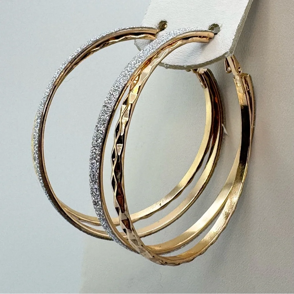 Gold Tone Glitter Hoop Earrings Textured Large Statement Hoops Bold Sparkle